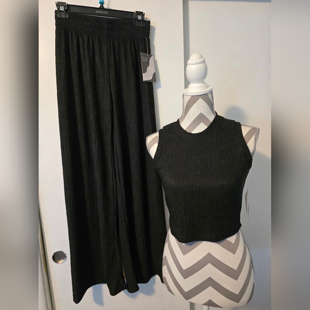 New Black Ribbed Pants and Top Set